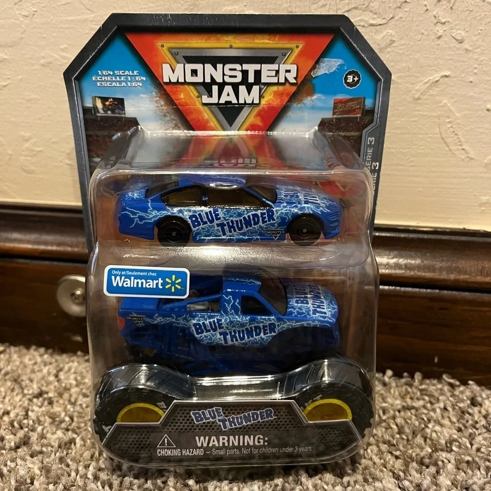 MONSTER JAM 1:64 WALMART EXCLUSIVE BLUE THUNDER TRUCK & CAR 2023 SERIES 3, NEW